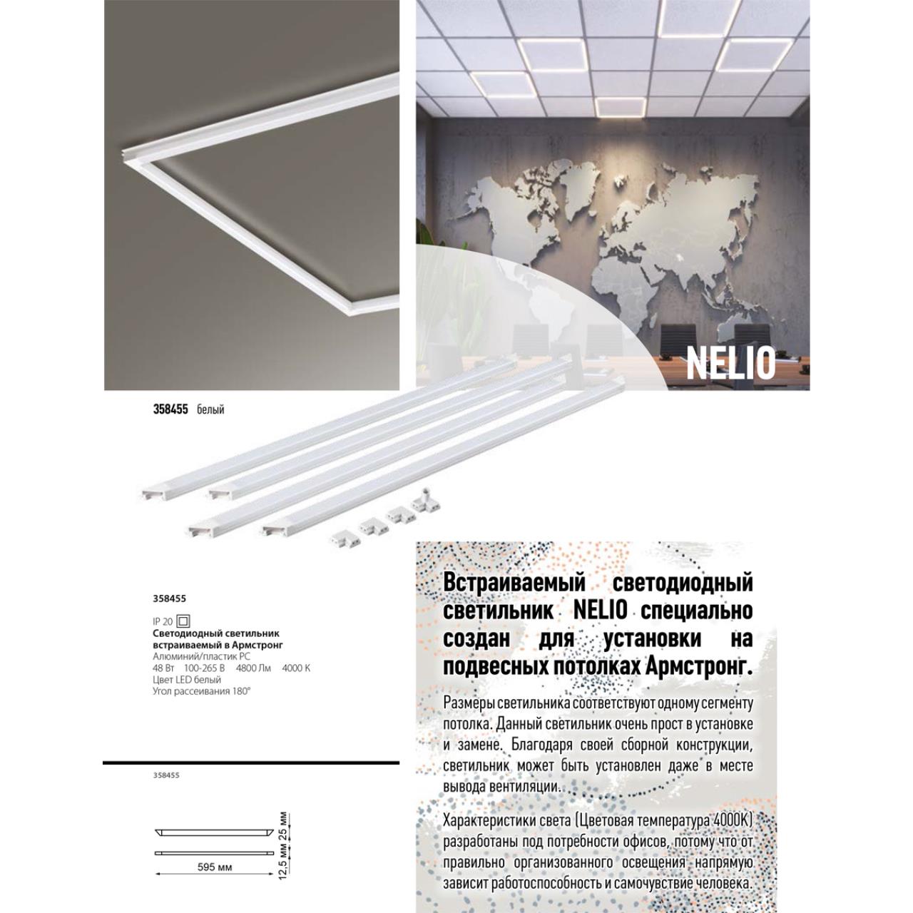 358455 SPOT NT20 548 белый Светодиодн. св-ник встраив. в Армстронг IP20 LED 4000К 48W 100-265V NELIO — изображение 3